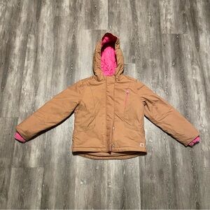 Carhartt Jacket Girls Sz Small 7-8  Brown Pink Hooded Quilted Lined Duck Canvas